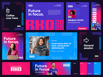 RKO Brand blue brand design branding color palette colours conference event event branding festival identity illustration indigo logo logo design pink pluralsight purple sales signage signs