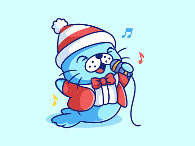 Seal Sing Chirstmas 🎤 🦭 animal blue cartoon character christmas colorful cute happy icon illustration jaysx1 mascot seal sing snow vector xmas