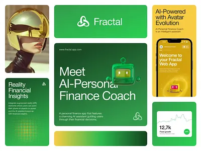 Fractal - Fintech Branding & Logotype ai character ai logo brand character branding identity branding trends digital branding finance branding finance character finance logo financial technology fintech branding futuristic branding green color innovative logo minimalist logo modern branding robot animation saas branding voice recognition logo yellow color