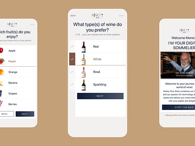 90+ Wine - Quiz 90pluswine alcohol ui app design digital sommelier mobile ui mobile wine ui responsive design wine bottle ui wine buy wine buying wine mobile ui wine pairing wine quiz wine selection wine ui winery ui