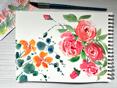 Floral doodles 🎨🌸 art contemplation florals green handmade illustration leaves loose strokes natasha gonzalez nature orange pink poetic red roses traditional art traditional illustrator watercolors watercolour wildflowers