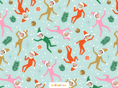 Three Elves christmas elf on a shelf giftwrap illustration kids apparel kids design repeating pattern surface design winter holiday