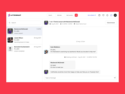 Sport Website chat ui design ✦ Lytesnap chat design interface product service startup ui ux