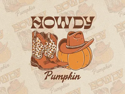 Howdy Pumpkin apparel design badge branding cowboy cowboy art design graphic design halloween illustration logo pumpkin rodeo rodeo fashion tshirt design vintage western western boutique western fashion western halloween