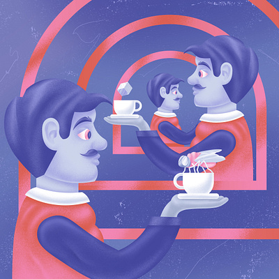 Déjà vu 🌀👁️ character coffee colorful deja vu design digitalart editorial fly gradient illustration magazine science tea vector