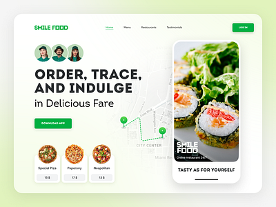 Landing Page Food Ordering App | Smile Food cards courier delivery delivery app delivery service fast food food delivery food delivery service foodie landing page map online food order ordering pin restaurant route site ui design uxui