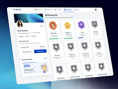Charity platform - Achievements achievements badge cards dashboard feature gamification illustration interface progress ui users ux