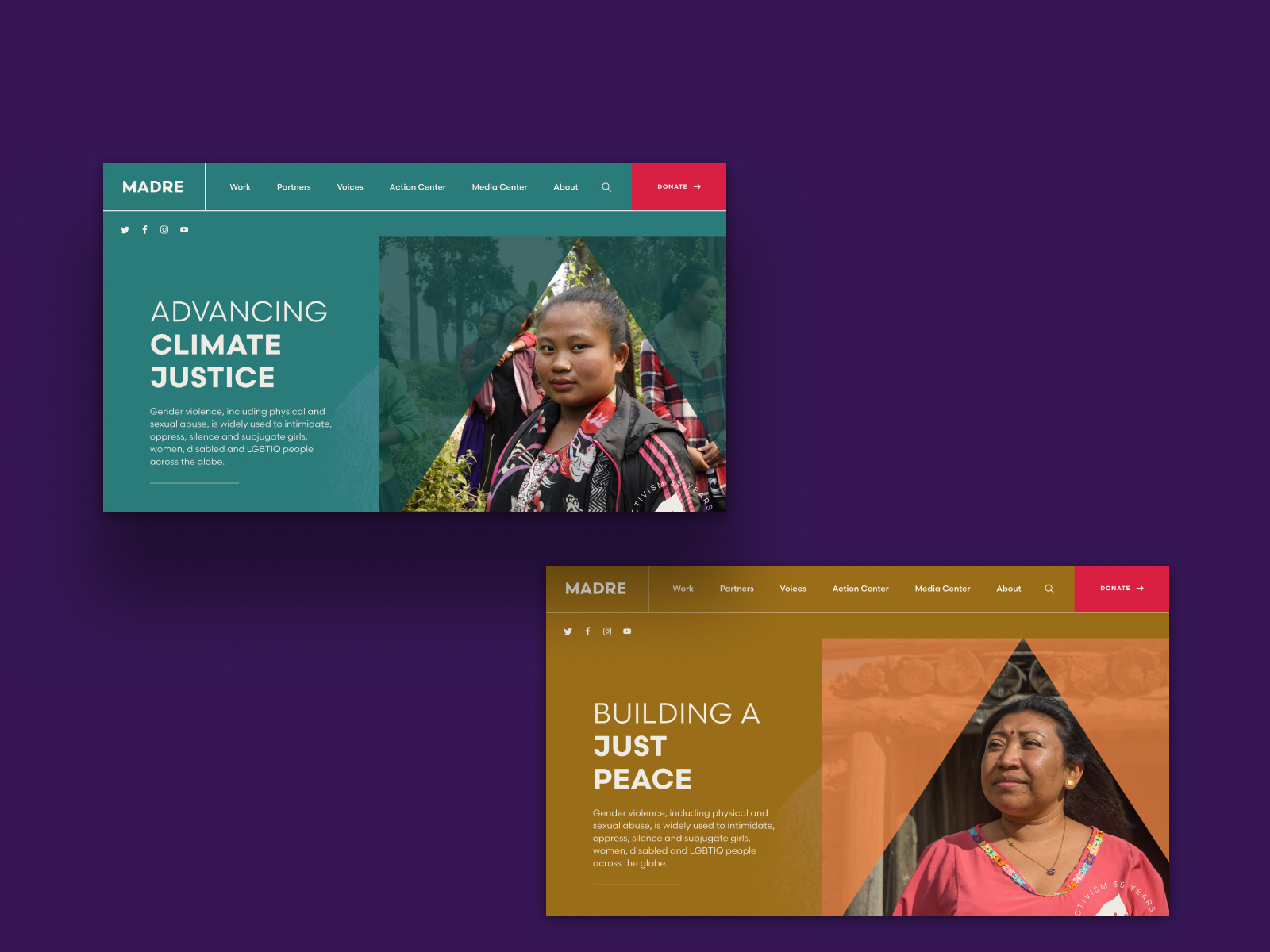 MADRE Issues Flow bright climate change color theme colorful gender equality interactive design interactive site international nonprofit justice modular design motion graphics nonprofit nonprofit brand nonprofit branding nonprofit website peace purple user flow vibrant visual flow