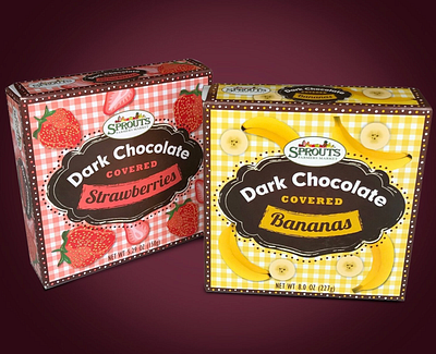 Sprouts Farmer's Market Frozen Chocolate Covered Fruit appetizer bananas chocolate cpg dessert frozen fruit graphic design packaging private label strawberry