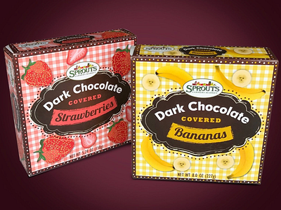 Sprouts Farmer's Market Frozen Chocolate Covered Fruit appetizer bananas chocolate cpg dessert frozen fruit graphic design packaging private label strawberry