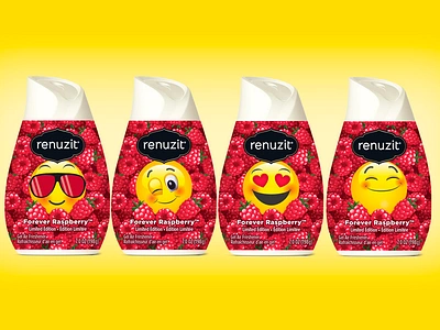 Renuzit Raspberry Emoji Limited Editions air freshener contract cpg designer emoji flavor freelance fruit graphic design packaging perfumed raspberry