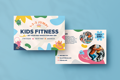 Kids Fitness Class Post Card active cartoons childrens fitness colorful exercise fun hula hoop jump rope kids fitness marketing post card