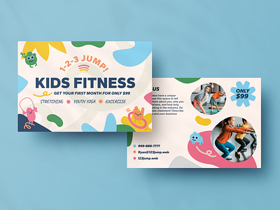 Kids Fitness Class Post Card active cartoons childrens fitness colorful exercise fun hula hoop jump rope kids fitness marketing post card