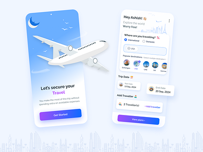 ✈️ Travel Insurance App airplane app clean design flat design flightapp insurance insurance company interaction design ios iphone16 minimal policybazaar ticketbook travelinsurance trip typography ui ux visa