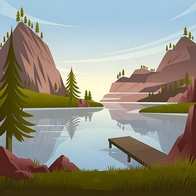 A Peaceful Morning in Nature adventure calm digital illustration evergreen lake landscape minimalist art mountains nature outdoors peaceful reflection relaxation scenic serenity sunrise tranquil travel water wilderness