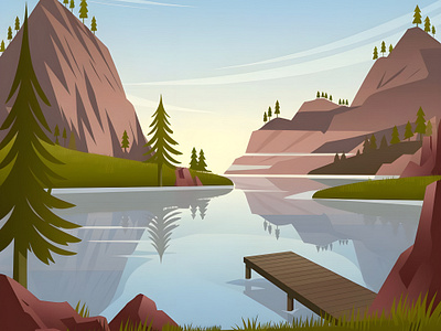 A Peaceful Morning in Nature adventure calm digital illustration evergreen lake landscape minimalist art mountains nature outdoors peaceful reflection relaxation scenic serenity sunrise tranquil travel water wilderness