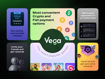 VegaBet - Casino Components Bento Grid bento betting blockchain casino casino game chat crypto crypto casino gambling game game ui gaming grid igaming illustration level icon online casino referral ui components vip