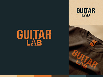 Guitar Lab Logo 🎸 brand branding guitar guitarlab identity lab logo logo design logo mark mark music music school orange school t shirt tee vector wordmark