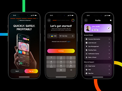 Splash Screen / Sign Up / Profile / Payoneer app app design banking dark theme layout mobile neobanking rainbow ui ux