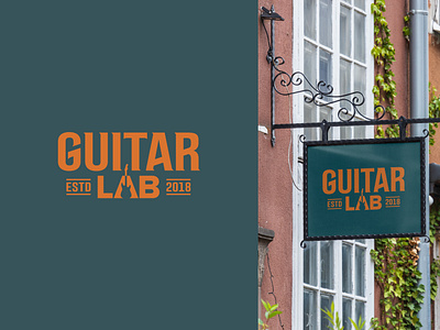 Guitar Lab Badge 2 badge brand brand identity branding guitar logo logo design logos mark music shop sign sign swinging sign vintage wordmark