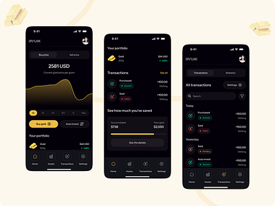 Gold Investment App buy price chart charts clean design dashboard gold investment mobile app portfolio search bar sell price transactions ui ux