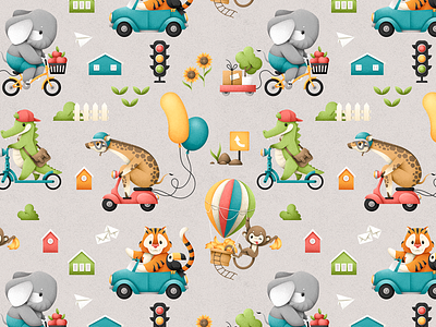 Cute animal pattern №2 animal balloon bicycle car crocodile design elephant giraffe grain texture illustration monkey parrot pattern texture traffic light vector