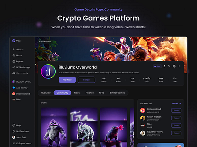 Crypto Games Platform: Game Details Page - Community 2024 after effects animation clean crypto dark details game games illuvium network product reels shorts social tiktok ui ux web youtube