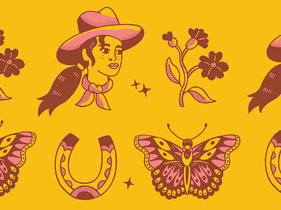 Cowgirl Flash Sheet Illustration branding butterfly country cowboy cowgirl design flash sheet horse horseshoe illustration landscape nature outdoors retro western wild wild flowers wild west