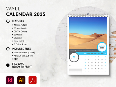 Wall Calendar 2025 a3 a3 calendar branding calendar calendars company corporate design graphic design home logo monday month print printable startup stationary sunday template ui