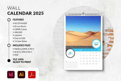 Wall Calendar 2025 a3 a3 calendar branding calendar calendars company corporate design graphic design home logo monday month print printable startup stationary sunday template ui