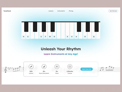 TuneChord - Music Landing Page/ Home Page UI animation blur design figma gradient graphic design landing page minimal minimalistic music piano product design ui uiux user interface visual design web web design website whitespace
