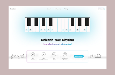 TuneChord - Music Landing Page/ Home Page UI animation blur design figma gradient graphic design landing page minimal minimalistic music piano product design ui uiux user interface visual design web web design website whitespace