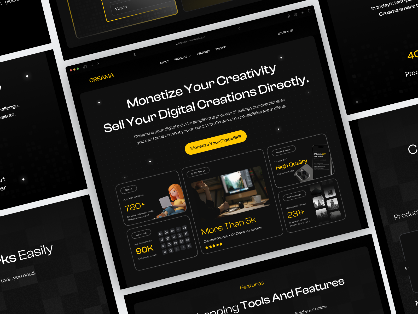 Creama - Digital Product Landing Page assets business course creators digital product download ebook gumroad license marketplace mockup online course online sellers product sales sell template