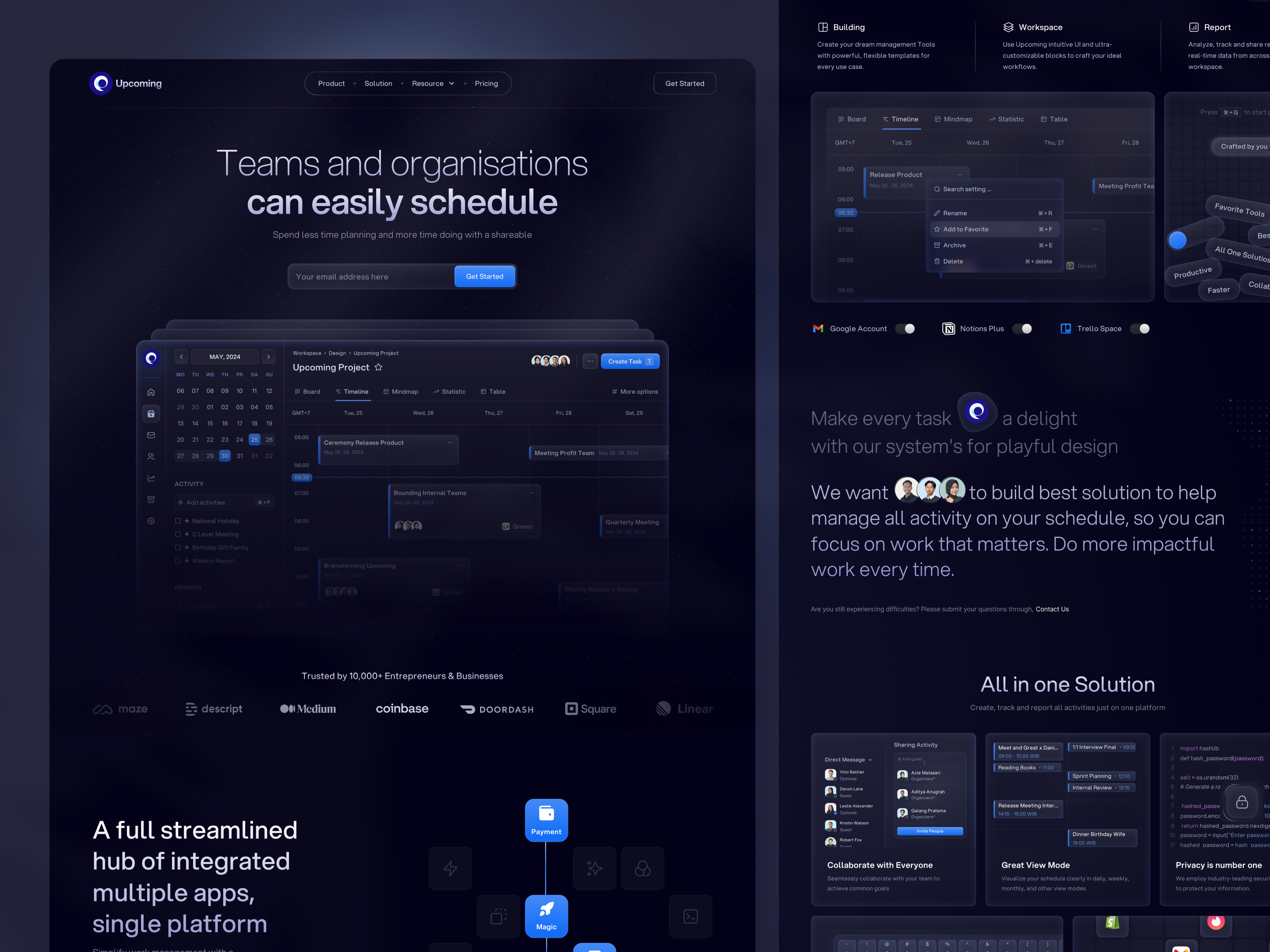 Upcoming - Team Scheduling Platform branding dark mode data design hero modern navbar platform price saas saas product task management team collaboration ui uiux ux web web design website