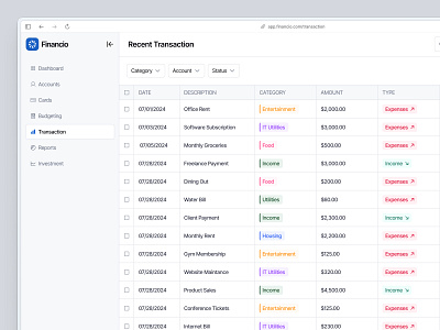 Financio - Financial Dashboard bank barly card clean dashboard design designer finance financial fintech table ui uidesign ux uxdesign uxerflow web web app website