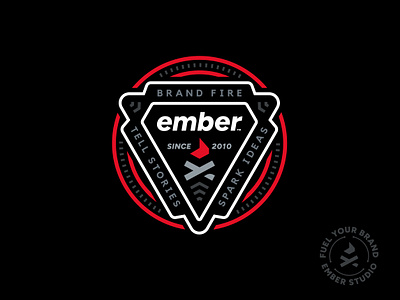 Brand Fire Badge - Ember Studio badge black brand branding camp campfire design ember emblem fire fuel graphic graphic design logo red round spark studio triangle vector