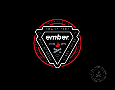 Brand Fire Badge - Ember Studio badge black brand branding camp campfire design ember emblem fire fuel graphic graphic design logo red round spark studio triangle vector