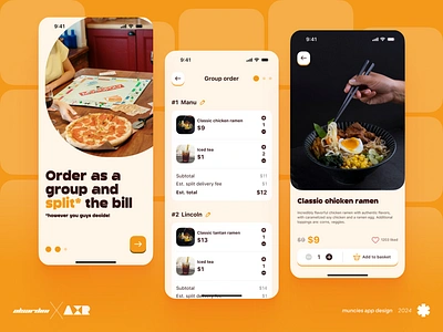 Muncies: Group food delivery app🥡 aksireaksi alsardini axr branding food food delivery foodies group logo mobile app muncies orange split split bill ui design ui ux ux design