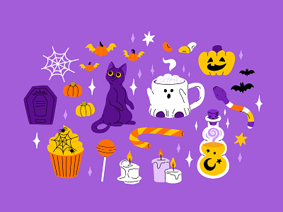 Halloween set 7 cartoon cat character collection concept design flat ghost halloween illustration potion pumpkin set spooky vector