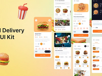 Food Delivery App UI Kit add to cart design beautiful design cart delivery app e commerce food food app food delivery app food delivery redesign food delivery service food order food recipes foody gourmet map mobile app online food app order ordering app tracking