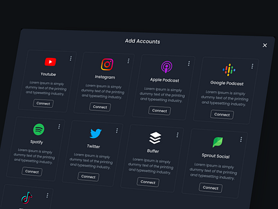 Integration Modal/Popup add integrate apps instagram integration integration modal integrations setting modal pop up pophover popup saas saas ui setting page third party app tiktok ui workflows youtube