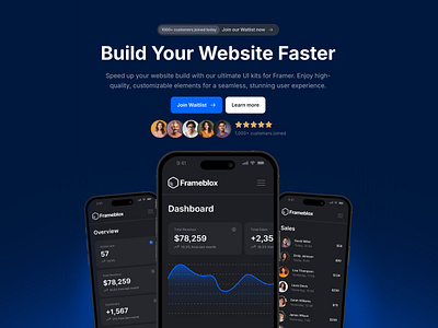 Dark Landing Hero Section with mockups for Framer - Frameblox UI blue dark device framer gradient header headline hero iphone landing mobile mockup phone rating section social proof template ui kit