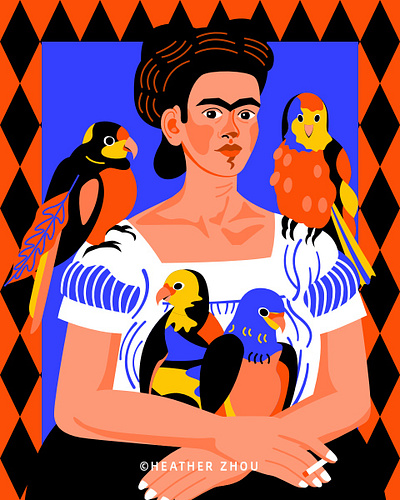 Frida & Parrots animal artist bird female frida graphic design illustration parrot portrait vector