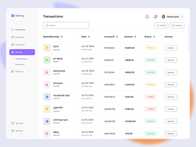 Finance Management Dashboard (Transactions) activity b2b b2c bill dashboard finance management fintech management web app money money management money spending payment pending saas saas design sales success transaction ux design web app