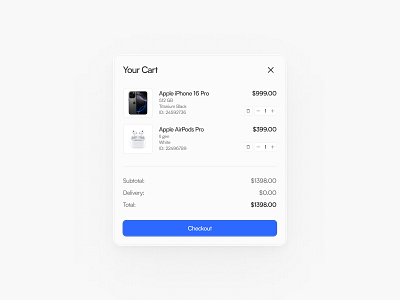 Checkout Cart 🪄 black blue cart checkout checkout cart clean component design design system details dialog figma gray minimal modal ui uiux ux white