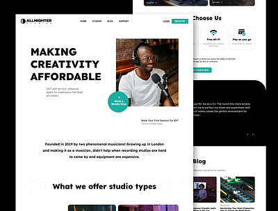 🎧 All Nighter - Your Creative Recording Studios! branding design figma framer graphic design illustration landing page logo design mobile design ui design ux design uxui design web design webflow website design