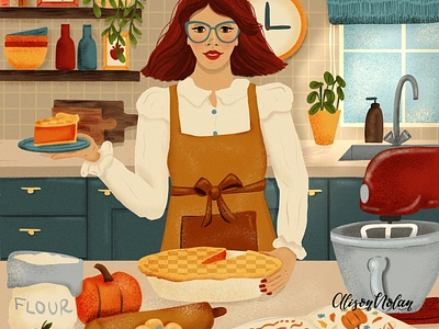 Autumn Baking autumn baking autumn vibes character design design drawing challenge editorial fall art female illustrator hand drawn illustration kitchen scene portrait procreate pumpkin pie