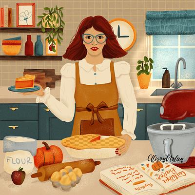 Autumn Baking autumn baking autumn vibes character design design drawing challenge editorial fall art female illustrator hand drawn illustration kitchen scene portrait procreate pumpkin pie