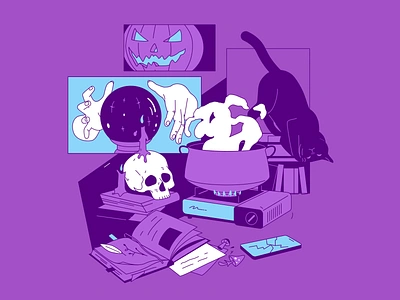 🎃 Halloween 2d aesthetic animation black cat cat character animation esoteric ghost halloween horror illustration lo fi lofi magic motion graphics poison smoke spell book witch witchy atmosphere