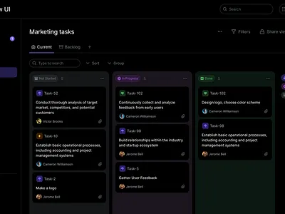 Kanban Board — Glow UI black theme boad dark mode dark theme design system glow ui kanban